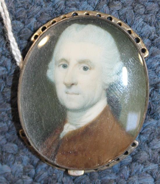 Richard Crosse (1742-1810) Miniature of a gentleman wearing a brown jacket, 3 x 2.7cm.